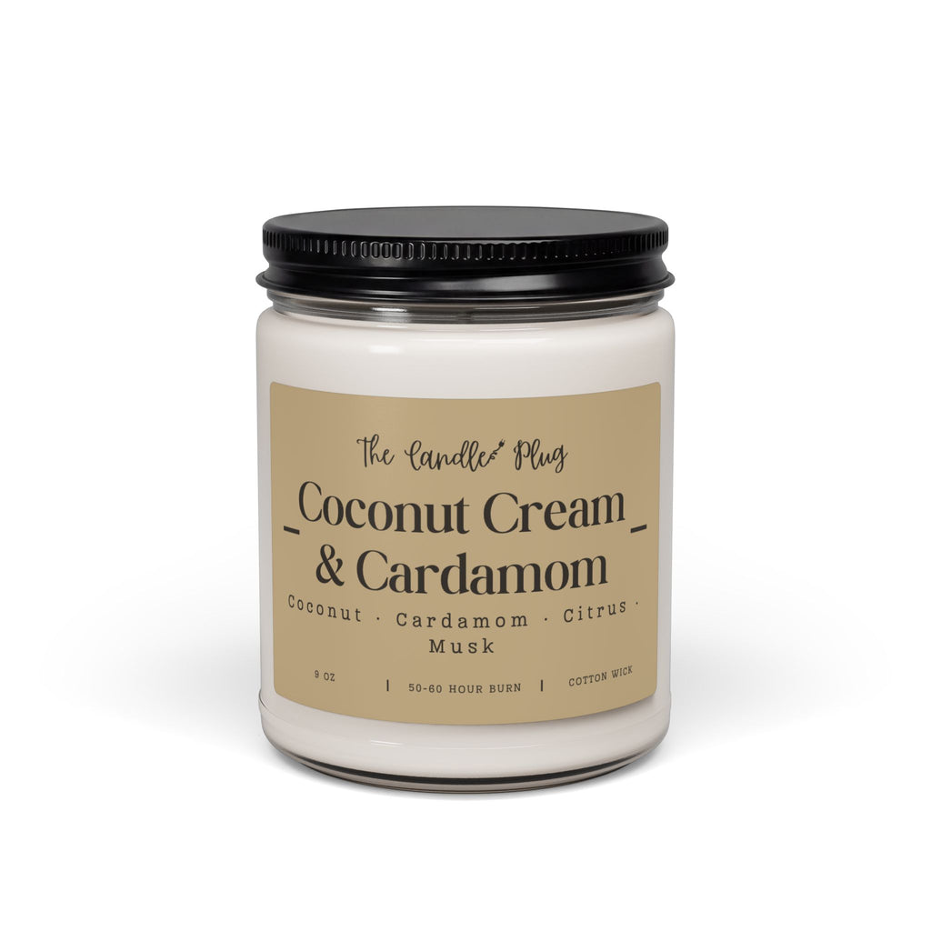 A jar candle with a black metal lid and a beige label reading 'The Candle Plug Coconut Cream & Cardamom' on a clean white background.