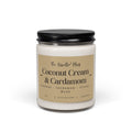A jar candle with a black metal lid and a beige label reading 'The Candle Plug Coconut Cream & Cardamom' on a clean white background.