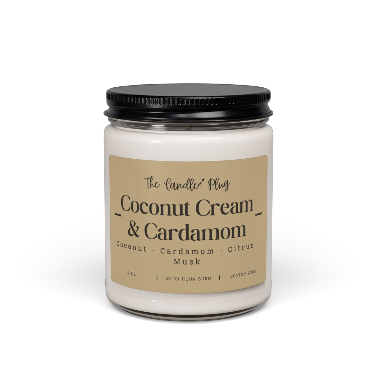 A jar candle with a black metal lid and a beige label reading 'The Candle Plug Coconut Cream & Cardamom' on a clean white background.