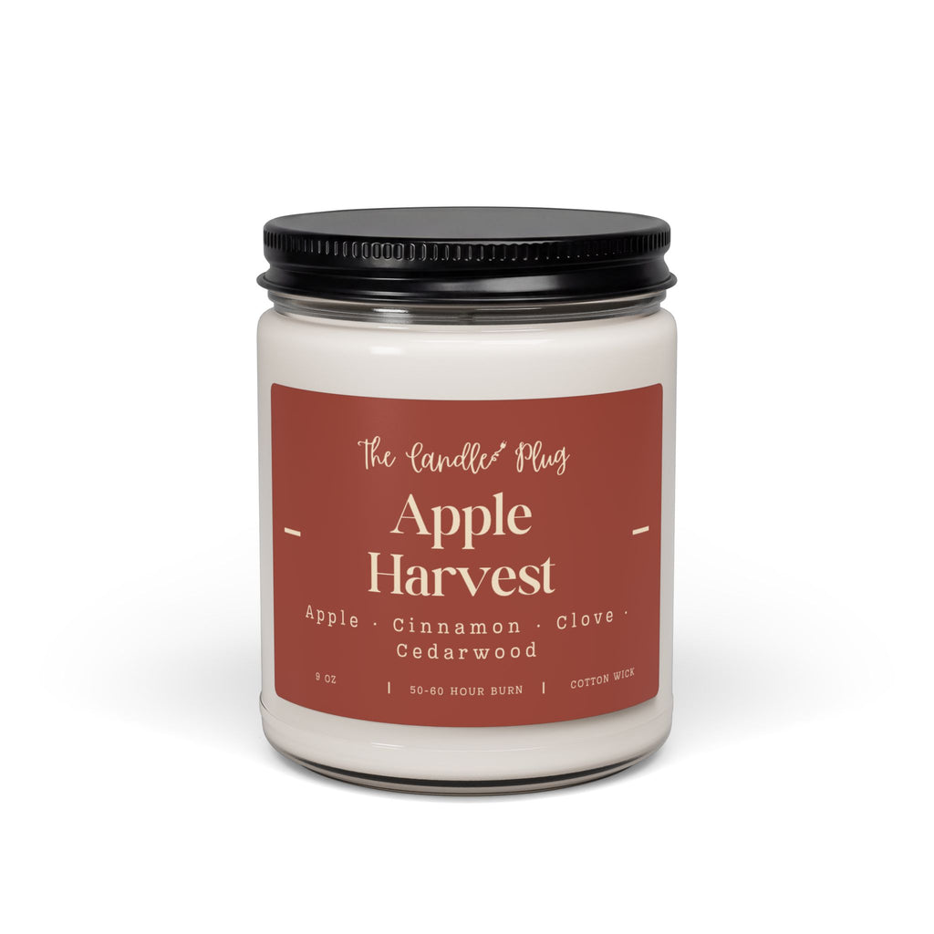 A fall candle with white wax, a black metal lid, and a dusty rose label reading 'The Candle Plug' and 'Apple Harvest' on a clean white background.