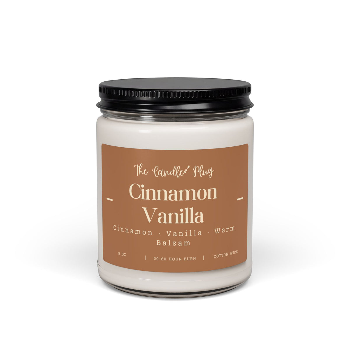 A jar candle with a black screw-on lid and a tan label reading 'The Candle Plug Cinnamon Vanilla' on a clean white background.