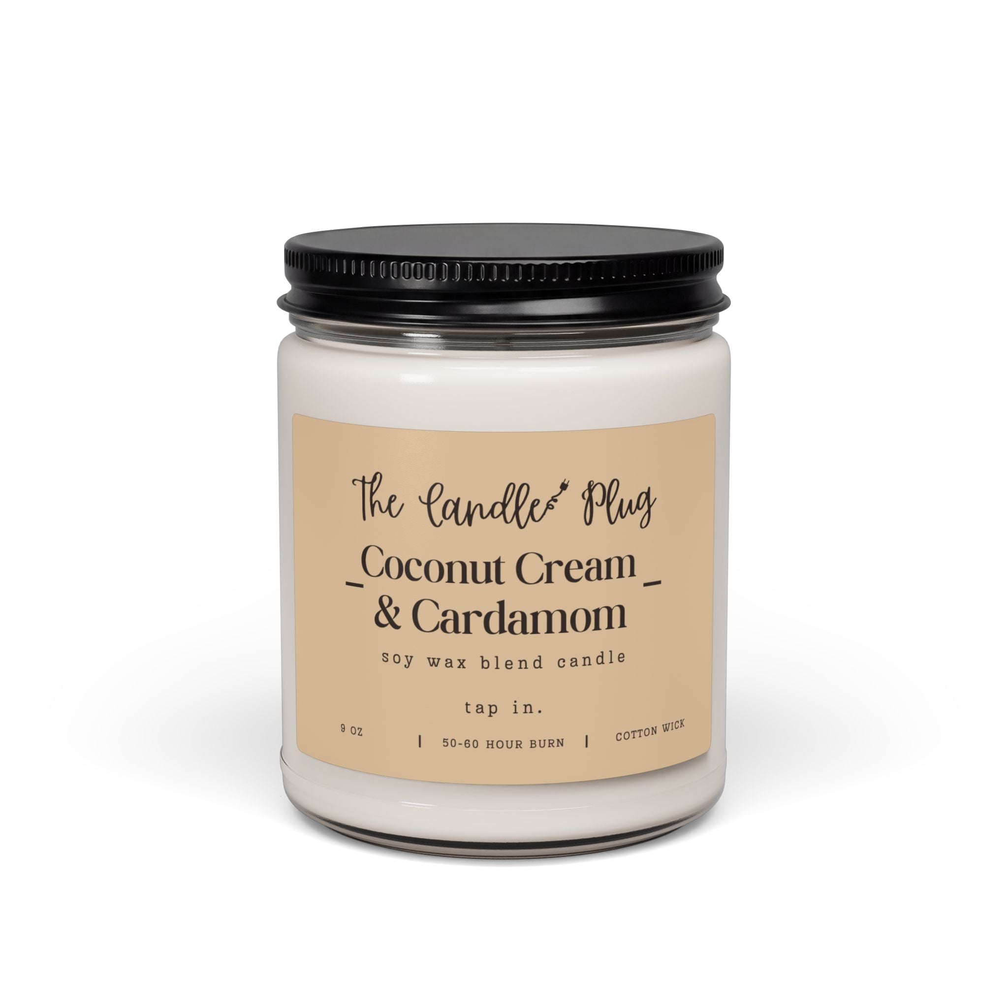 A Coconut Cream and Cardamom soy candle with white wax, a black metal lid, and a beige label reading 'The Candle Plug Coconut Cream & Cardamom' on a clean white background.