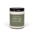 A jar candle with white wax, a black metal lid, and a muted sage green label reading 'White Sage & Lavender' by The Candle Plug, shown on a clean white background.