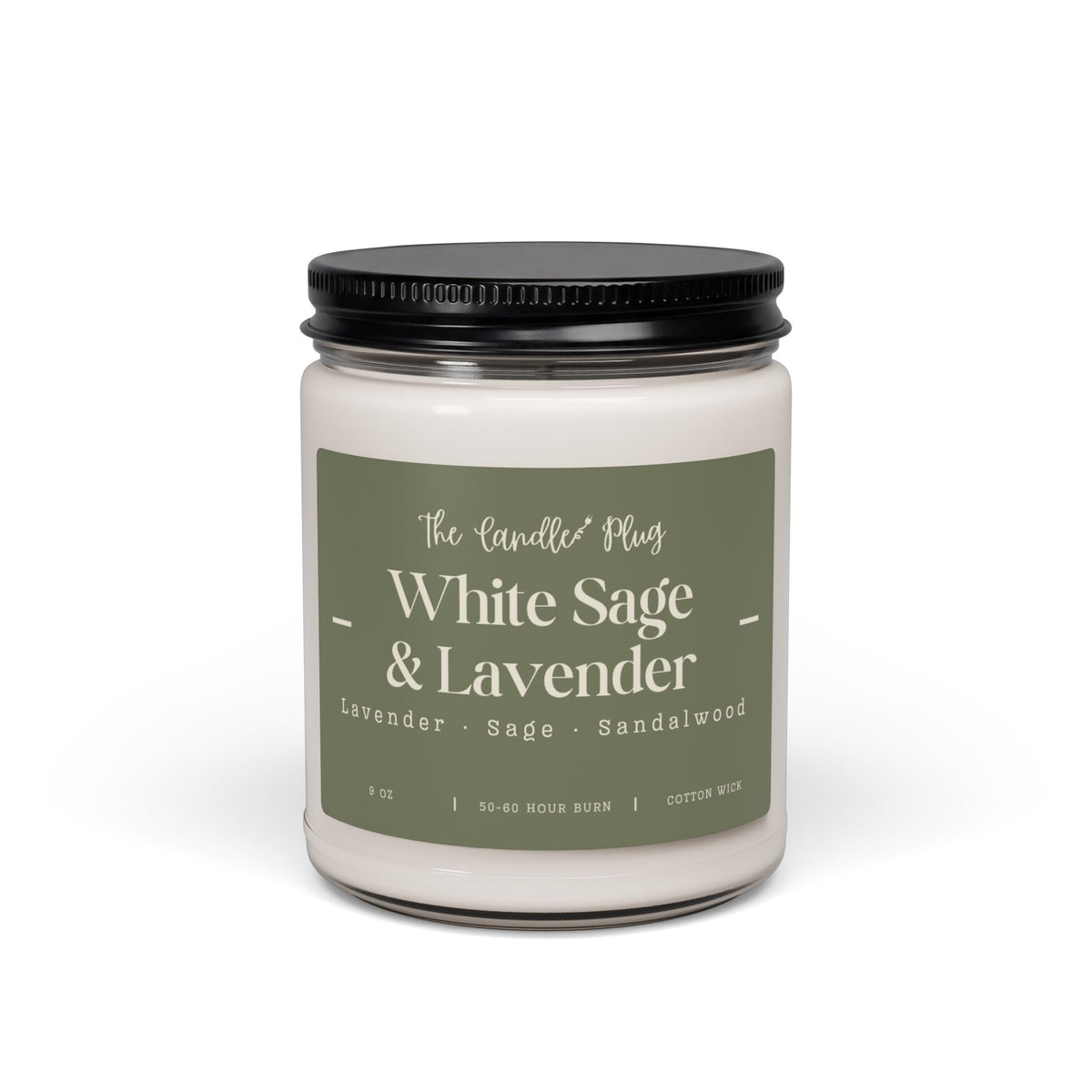 A jar candle with white wax, a black metal lid, and a muted sage green label reading 'White Sage & Lavender' by The Candle Plug, shown on a clean white background.