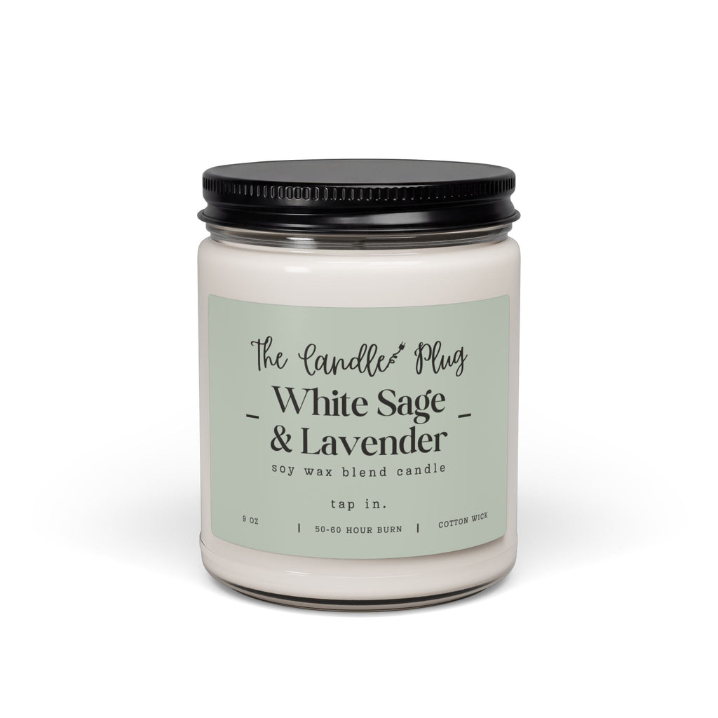White Sage and Lavender soy candle with a decorative label on a white background