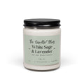 White Sage and Lavender soy candle with a decorative label on a white background