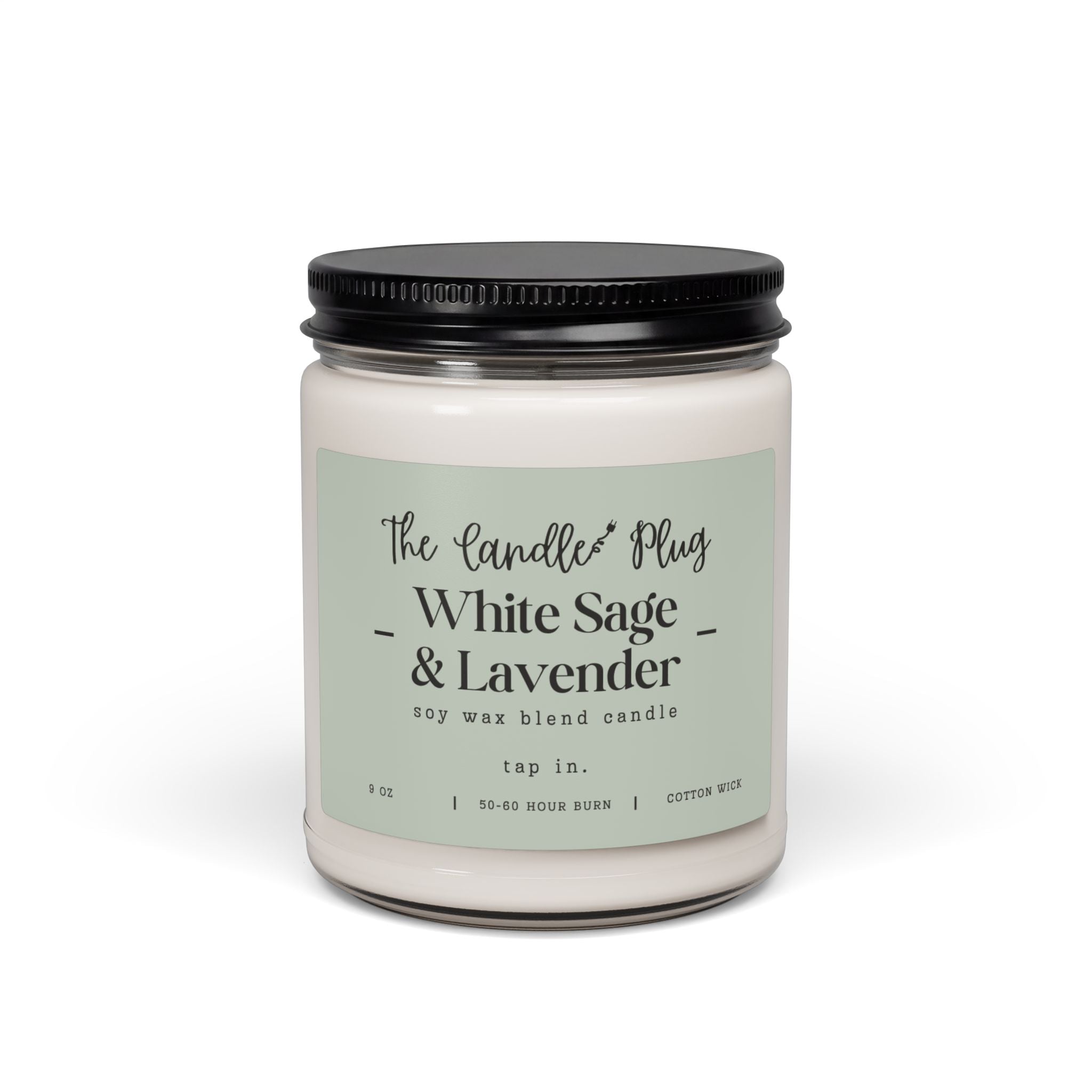 White Sage and Lavender soy candle with a decorative label on a white background