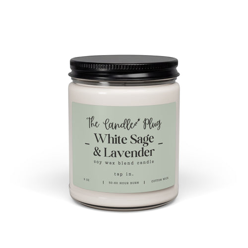 White Sage and Lavender soy candle with a decorative label on a white background